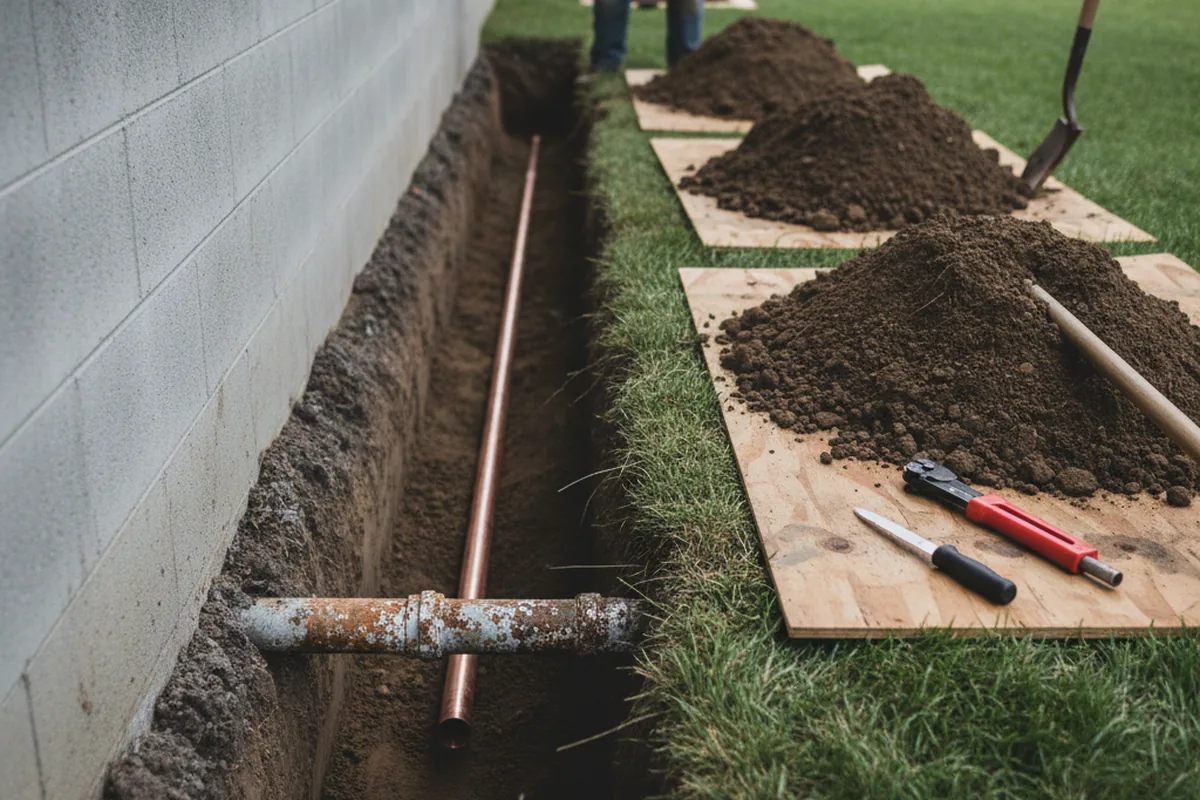 Excavated water line trench during Water Softener Installation in Ralston